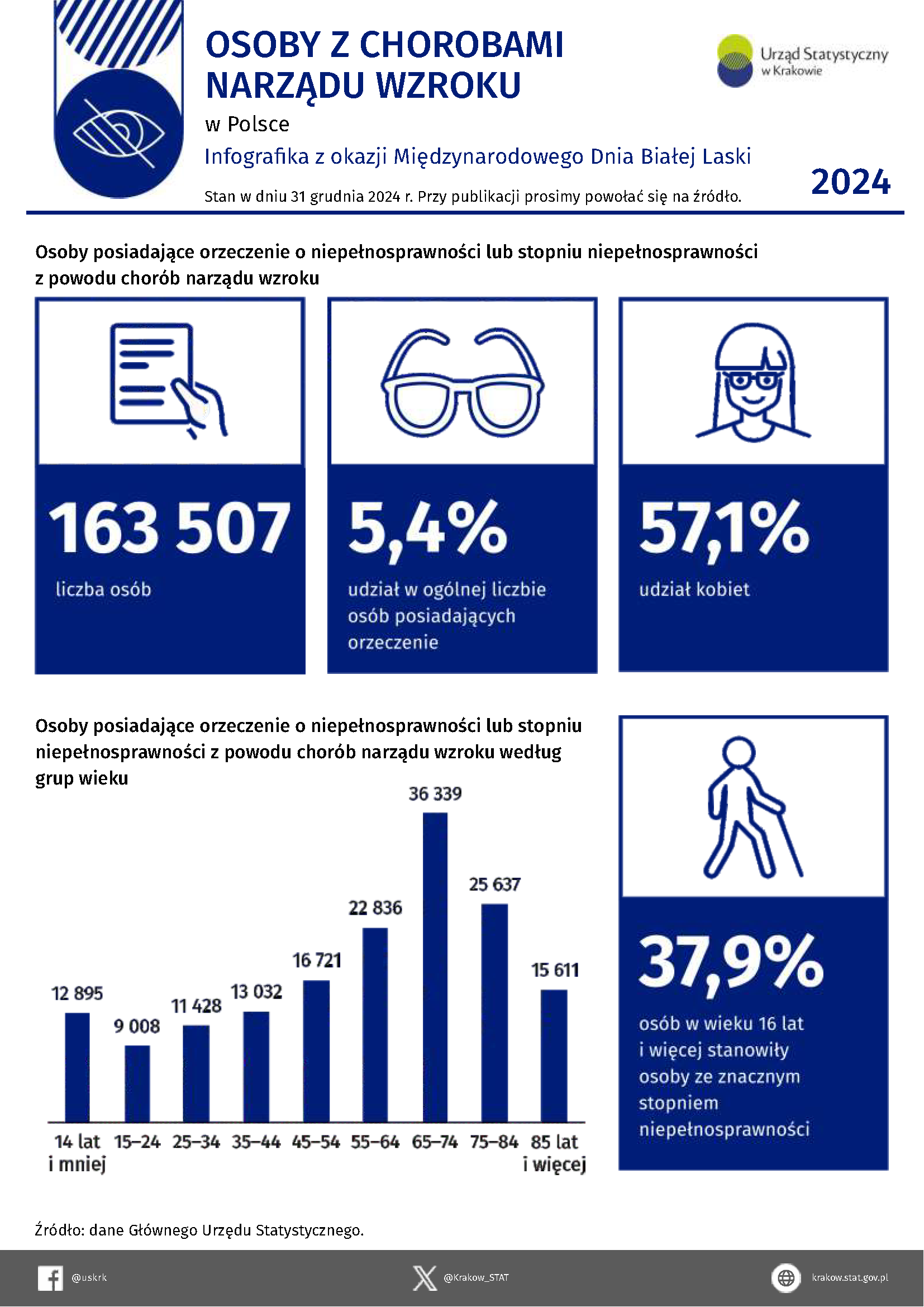 Osoby z chorobami narządu wzroku w Polsce w 2024 r. – Infografika z okazji Międzynarodowego Dnia Białej Laski