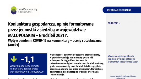 Koniunktura gospodarcza, opinie formułowane przez jednostki z siedzibą w województwie małopolskim – grudzień 2021 r.