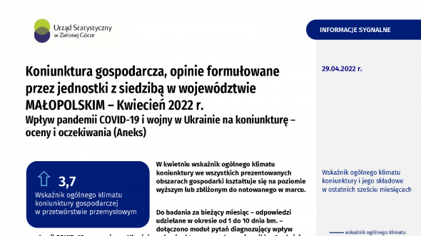 Koniunktura gospodarcza, opinie formułowane przez jednostki z siedzibą w województwie małopolskim – kwiecień 2022 r.